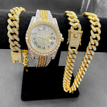 Full Iced Out Cuban Link Chain Bracelet Necklace Bling Jewellery for Men - Big Gold Colur Chains Hip Hop Watch Set - The Jewellery Supermarket